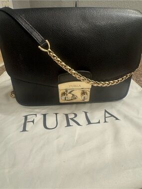 Furla Black Leather Crossbody with Gold Chain